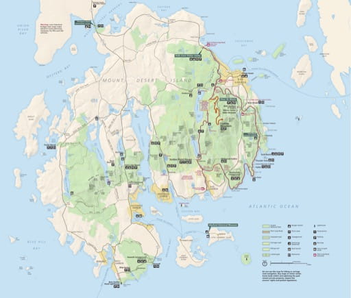 Official Visitor Map of Mount Desert Island in Acadia National Park (NP) in Maine. Published by the U.S. National Park Service (NPS).