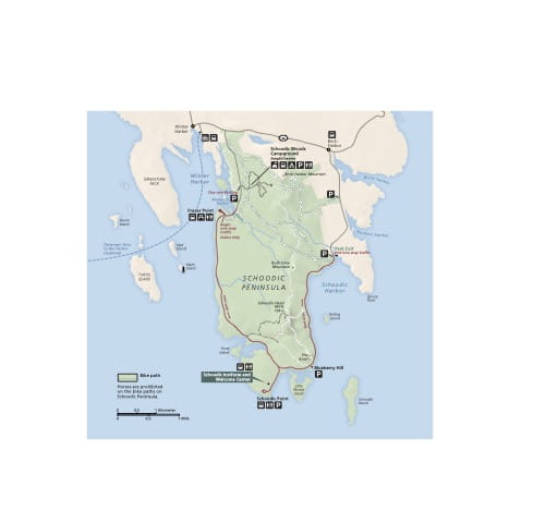 Official visitor map of the Schoodic Peninsula in Acadia National Park (NP) in Maine. Published by the National Park Service (NPS).