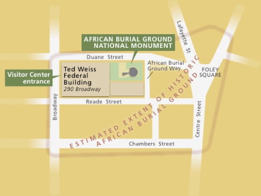 Official Visitor Map of African Burial Ground National Monument (NM) in New York. Published by the National Park Service (NPS).