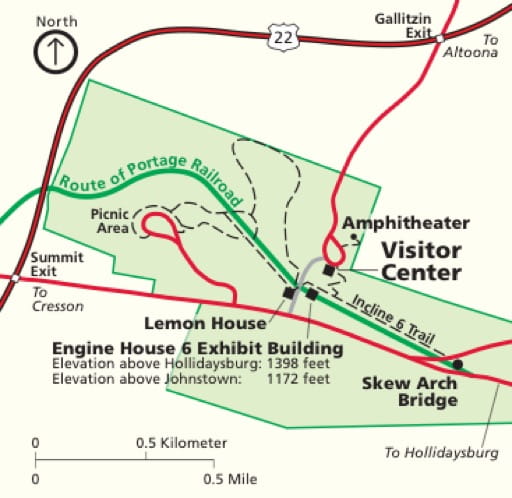 Official Visitor Map of Allegheny Portage Railroad National Historic Site (NHS) in Pennsylvania. Published by the National Park Service (NPS).