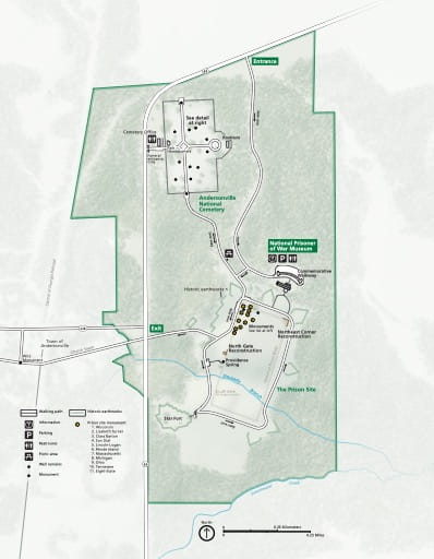 Official visitor map of Andersonville National Historic Site (NHS) in Georgia. Published by the National Park Service (NPS).