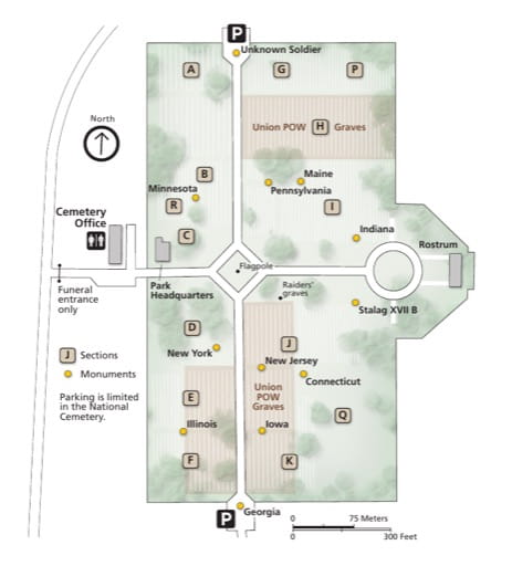 Official visitor map of the Cemetery of Andersonville National Historic Site (NHS) in Georgia. Published by the National Park Service (NPS).