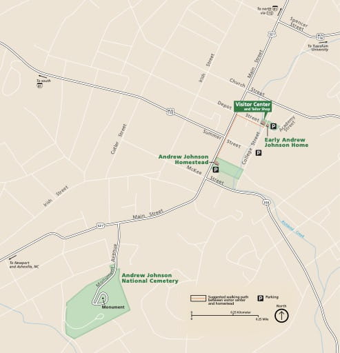 Official Visitor Map of Andrew Johnson National Historic Site (NHS) Tennessee. Published by the National Park Service (NPS).