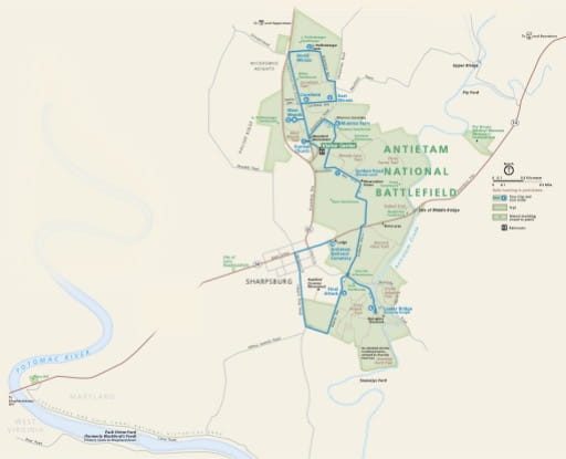 Official visitor map of Antietam National Battlefield (NB) in Maryland. Published by the National Park Service (NPS).
