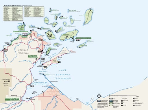 Official visitor map of Apostle Islands National Lakeshore (NLS) in Wisconsin. Published by the National Park Service (NPS).