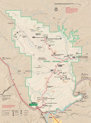 Official visitor map of Arches National Park (NP) in Utah. Published by the National Park Service (NPS).