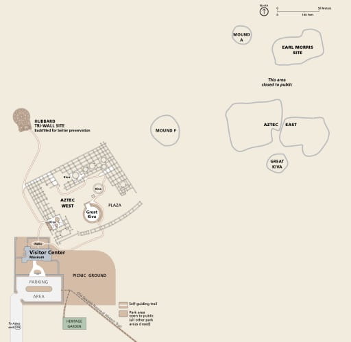 Official visitor map of Aztec Ruins National Monument (NM) in New Mexico. Published by the National Park Service (NPS).