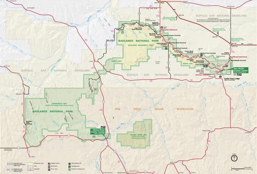 Official Visitor Map of Badlands National Park (NP) in South Dakota. Published by the National Park Service (NPS).
