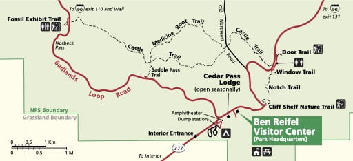 Detail of the official visitor map of Badlands National Park (NP) in South Dakota. Published by the National Park Service (NPS).