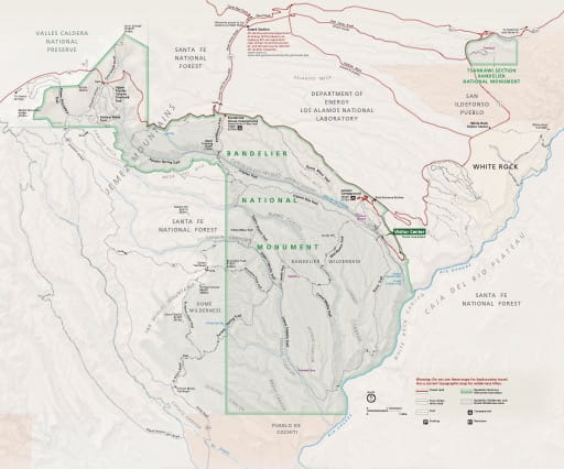 Official visitor map of Bandelier National Monument (NM) in New Mexico. Published by the National Park Service (NPS).