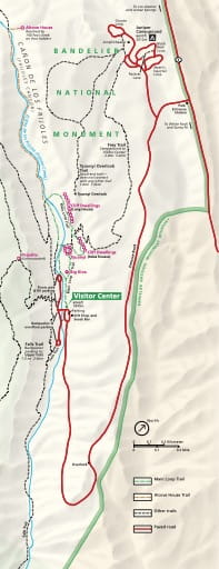 Detail of the official visitor map of Bandelier National Monument (NM) in New Mexico. Published by the National Park Service (NPS).