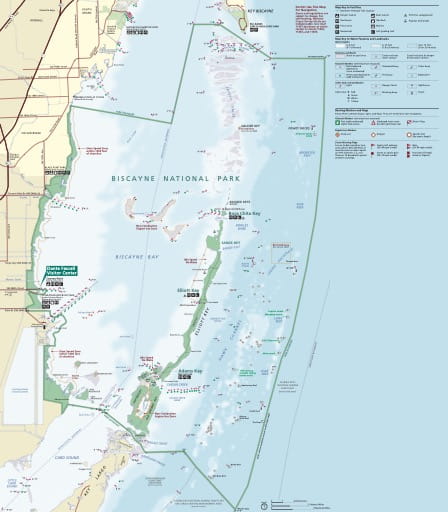 Official visitor map of Biscayne National Park (NP) in Florida. Published by the National Park Service (NPS).