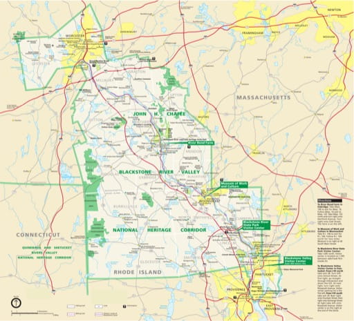 Official Visitor Map of John H. Chafee Blackstone River Valley National Heritage Corridor (NHC) in Massachusetts and Rhode Island. Published by the National Park Service (NPS).