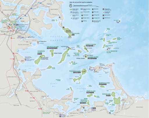Official Visitor Map of Boston Harbor Islands National Recreation Area (NRA) in Massachusetts. Published by the National Park Service (NPS).