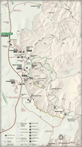 Detail of the official Visitor Map of Bryce Canyon National Park (NP) in Utah. Published by the National Park Service (NPS).