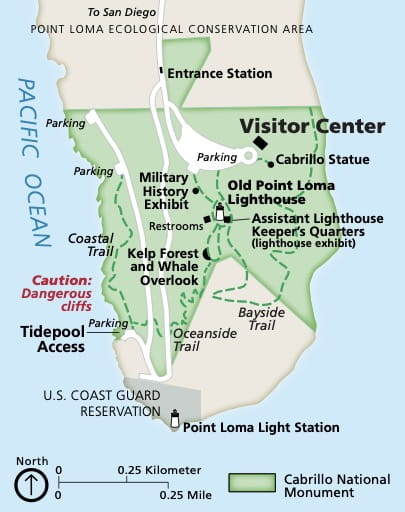 Official visitor map of Cabrillo National Monument (NM) in California. Published by the National Park Service (NPS).