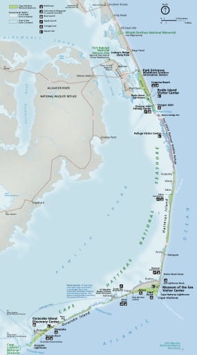 Official Visitor Map of Cape Hatteras National Seashore (NS) in North Carolina. Published by the National Park Service (NPS).