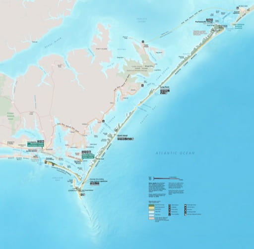 Official visitor map of Cape Lookout National Seashore (NS) in North Carolina. Published by the National Park Service (NPS).