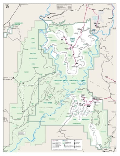 Official trip planner map with mile markers of Canyonlands National Park (NP) in Utah. Published by the National Park Service (NPS).