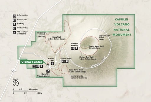 Official visitor map of Capulin Volcano National Monument (NM) in New Mexico. Published by the National Park Service (NPS).