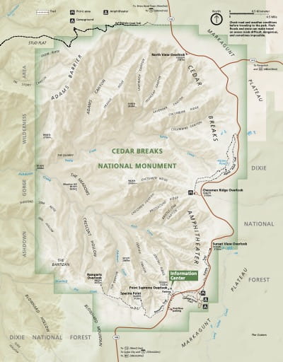 Official visitor map of Cedar Breaks National Monument (NM) in Utah. Published by the National Park Service (NPS).