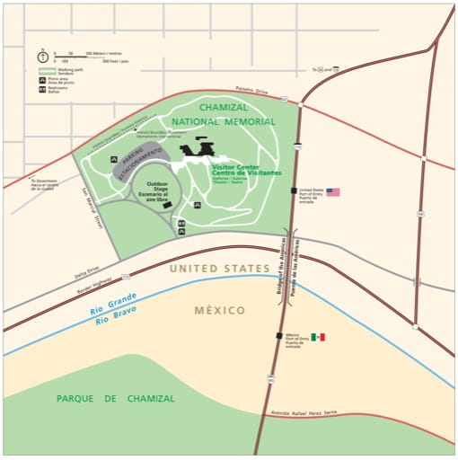 Official visitor map of Chamizal National Memorial (NMEM) in Texas. Published by the National Park Service (NPS).