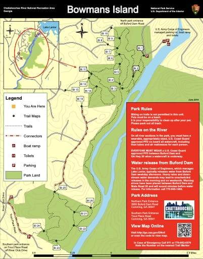 Trail map of the Bowmans Island area at Chattahoochee River National Recreation Area (NRA) in Georgia. Published by the National Park Service (NPS).