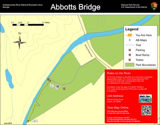 Trail map of the Abbotts Bridge area at Chattahoochee River National Recreation Area (NRA) in Georgia. Published by the National Park Service (NPS).