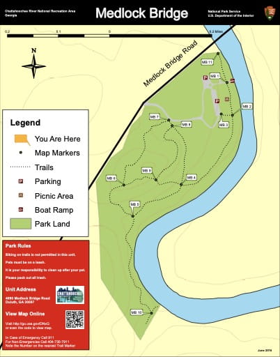 Trail map of the Medlock Bridge area at Chattahoochee River National Recreation Area (NRA) in Georgia. Published by the National Park Service (NPS).