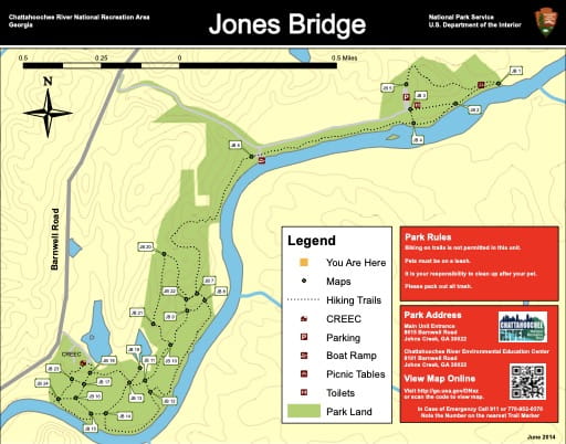 Trail map of the Jones Bridge area at Chattahoochee River National Recreation Area (NRA) in Georgia. Published by the National Park Service (NPS).