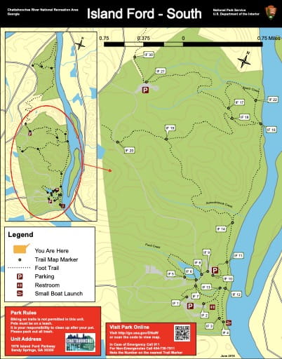 Trail map of the Island Ford South area at Chattahoochee River National Recreation Area (NRA) in Georgia. Published by the National Park Service (NPS).