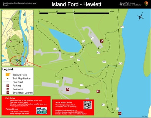 Trail map of the Island Ford Hewlett area at Chattahoochee River National Recreation Area (NRA) in Georgia. Published by the National Park Service (NPS).