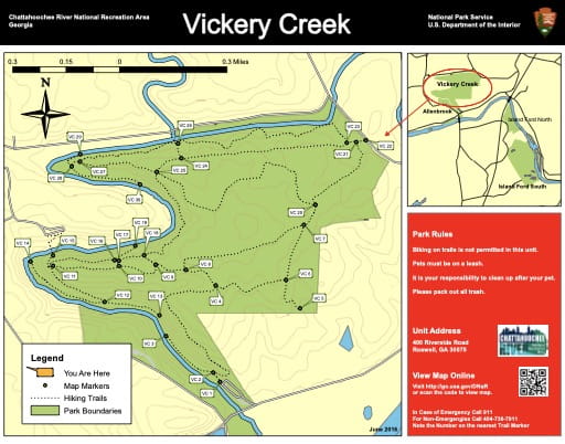 Trail map of the Vickery Creek area at Chattahoochee River National Recreation Area (NRA) in Georgia. Published by the National Park Service (NPS).