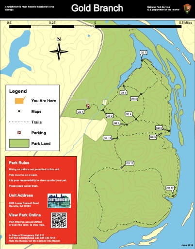 Trail map of the Gold Branch area at Chattahoochee River National Recreation Area (NRA) in Georgia. Published by the National Park Service (NPS).
