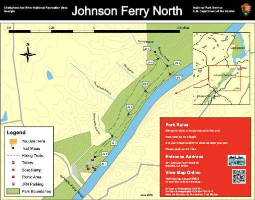 Trail map of the Johnson Ferry North area at Chattahoochee River National Recreation Area (NRA) in Georgia. Published by the National Park Service (NPS).