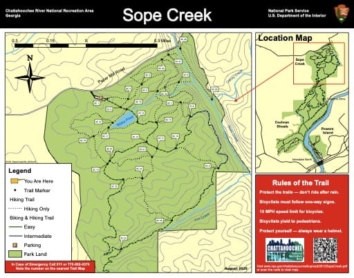 Trail map of the Cochran Shoals Sope Creek area at Chattahoochee River National Recreation Area (NRA) in Georgia. Published by the National Park Service (NPS).