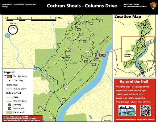 Trail map of the Cochran Shoals Columns Drive area at Chattahoochee River National Recreation Area (NRA) in Georgia. Published by the National Park Service (NPS).