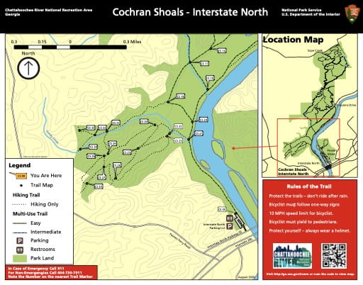Trail map of the Cochran Shoals Interstate North area at Chattahoochee River National Recreation Area (NRA) in Georgia. Published by the National Park Service (NPS).
