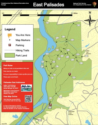 Trail map of the East Palisades area at Chattahoochee River National Recreation Area (NRA) in Georgia. Published by the National Park Service (NPS).