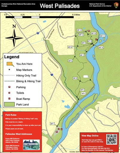 Trail map of the West Palisades area at Chattahoochee River National Recreation Area (NRA) in Georgia. Published by the National Park Service (NPS).