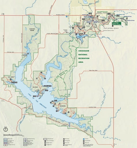 Official Visitor Map of Chickasaw National Recreation Area (NRA) in Oklahoma. Published by the National Park Service (NPS).