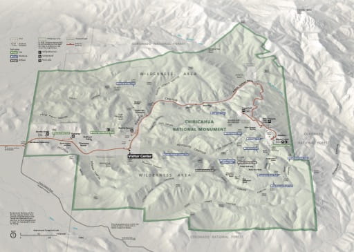 Official visitor map of Chiricahua National Monument (NM) in Arizona. Published by the National Park Service (NPS).