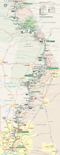 Official Visitor Map of Chesapeake & Ohio Canal National Historical Park (NHP) in Washington D.C., Maryland and West Virginia. Published by the National Park Service (NPS).
