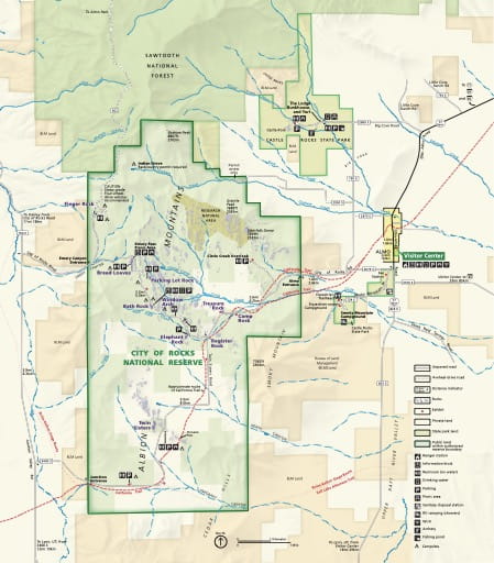 Official visitor map of City of Rocks National Reserve (NRES) in Idaho. Published by the National Park Service (NPS).