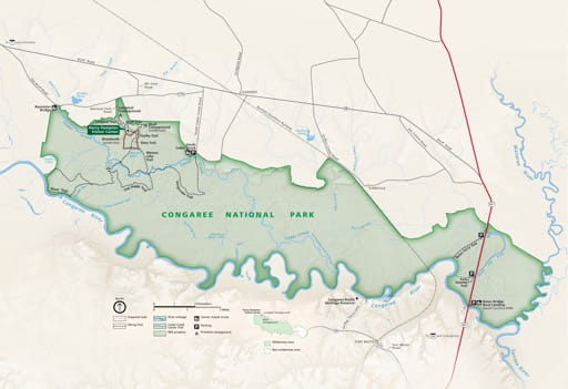 Official Visitor Map of Congaree National Park (NP) in South Carolina. Published by the National Park Service (NPS).