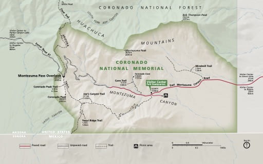 Official visitor map of Coronado National Memorial (NMEM) in Arizona. Published by the National Park Service (NPS).