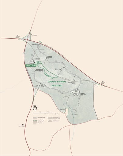 Official visitor map of Cowpens National Battlefield (NB) in South Carolina. Published by the National Park Service (NPS).