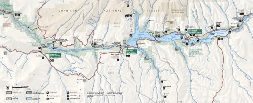 Official visitor map of Curecanti National Recreation Area (NRA) in Colorado. Published by the National Park Service (NPS).