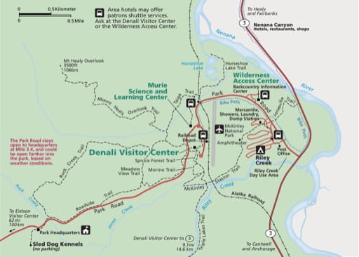 Detail of the official visitor map of Denali National Park and Preserve (NP & PRES) in Alaska. Published by the National Park Service (NPS).
