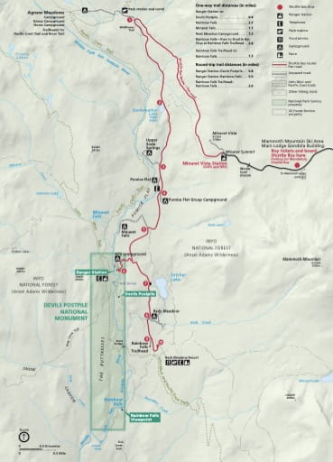 Official visitor map of Devils Postpile National Monument (NM) in California. Published by the National Park Service (NPS).